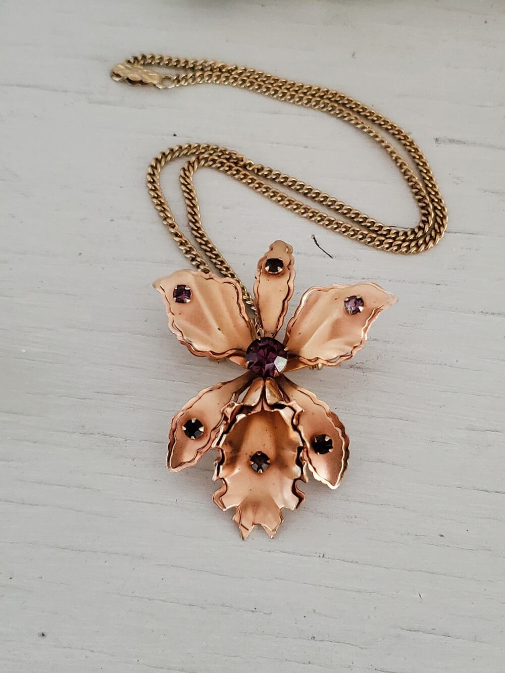 Bugbee and Niles Gold Tone and Purple Rhinestones Orchid Brooch Necklace